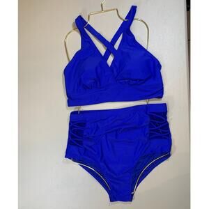 NWT Younique Blue High Waist Criss Cross Top Bikini Size 14W